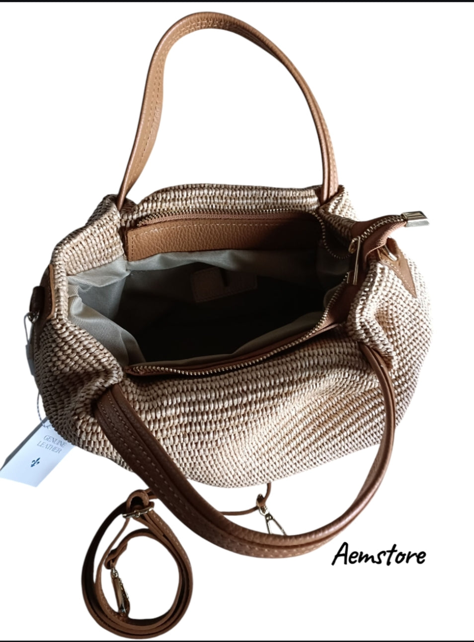 Borsa in rafia e pelle vera